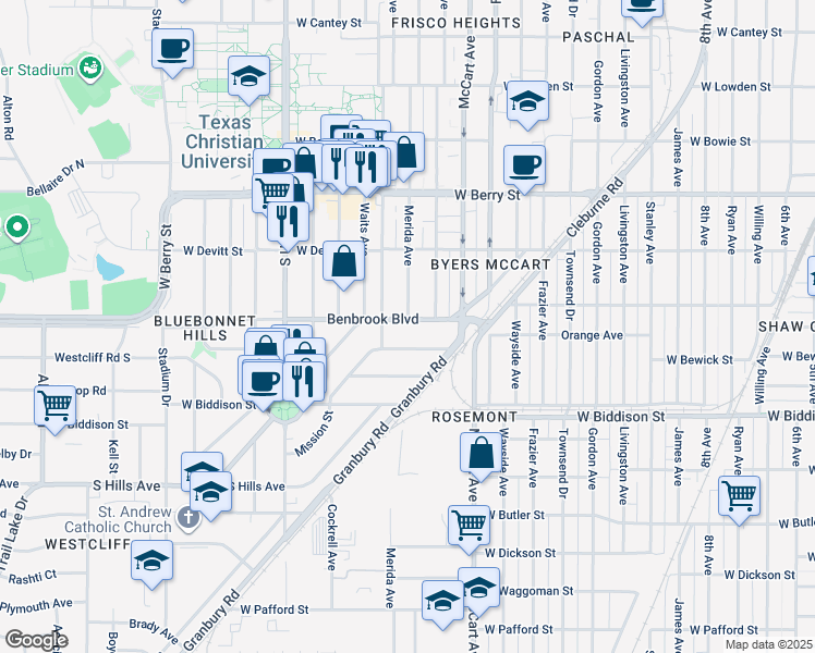map of restaurants, bars, coffee shops, grocery stores, and more near 2709 Benbrook Boulevard in Fort Worth