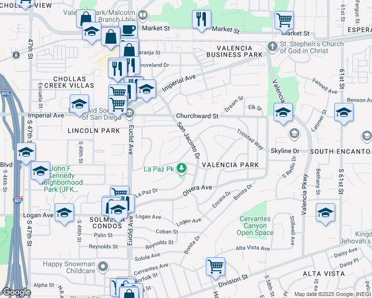 map of restaurants, bars, coffee shops, grocery stores, and more near 5354 Trinidad Way in San Diego