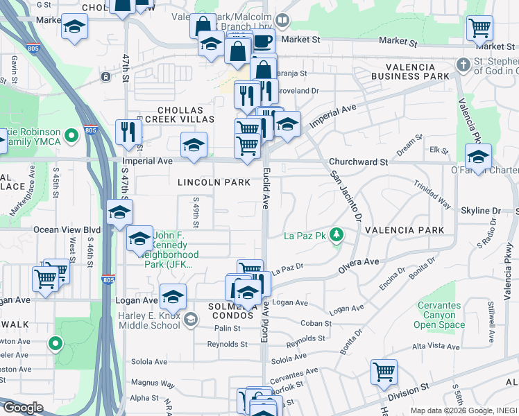 map of restaurants, bars, coffee shops, grocery stores, and more near 317 Saint Rita Court in San Diego