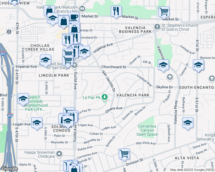 map of restaurants, bars, coffee shops, grocery stores, and more near 5354 Trinidad Way in San Diego