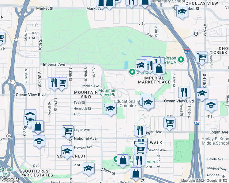 map of restaurants, bars, coffee shops, grocery stores, and more near 423 Cuyamaca Avenue in San Diego