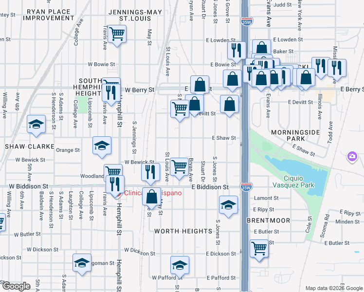 map of restaurants, bars, coffee shops, grocery stores, and more near 3317 South Main Street in Fort Worth
