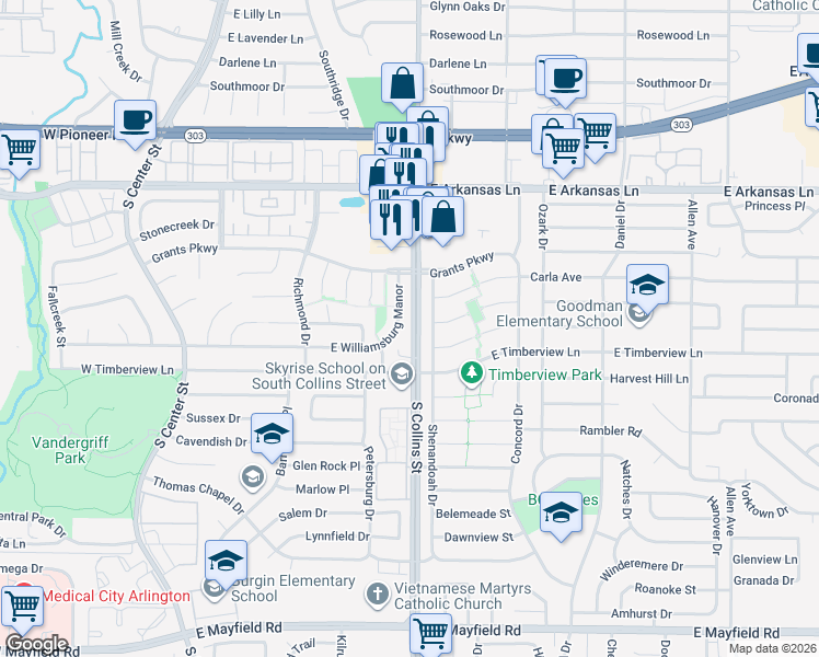 map of restaurants, bars, coffee shops, grocery stores, and more near 2618 South Collins Street in Arlington