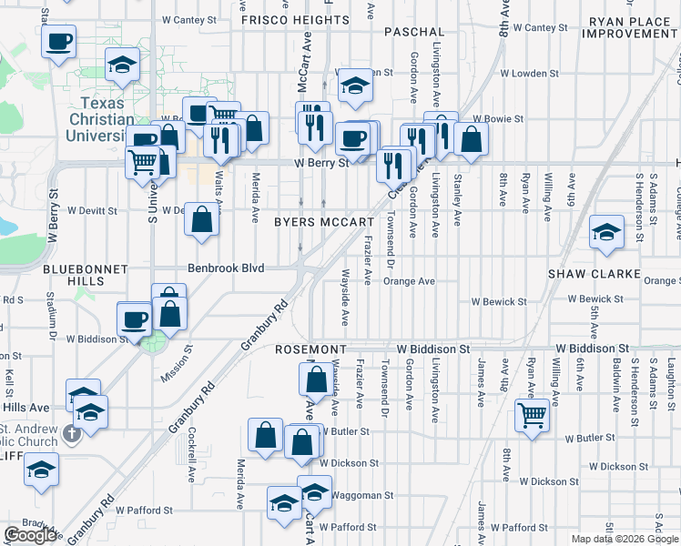 map of restaurants, bars, coffee shops, grocery stores, and more near 3316 Wayside Avenue in Fort Worth
