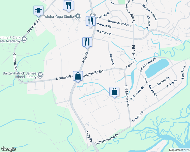 map of restaurants, bars, coffee shops, grocery stores, and more near 1565 Grimball Road Extension in Charleston