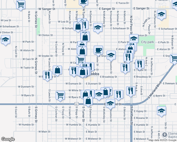 map of restaurants, bars, coffee shops, grocery stores, and more near 115 East Taylor Street in Hobbs