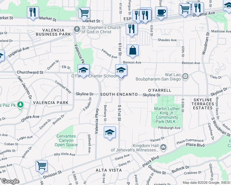 map of restaurants, bars, coffee shops, grocery stores, and more near 6062 Skyline Drive in San Diego