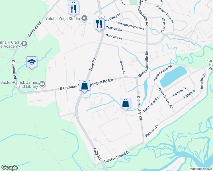map of restaurants, bars, coffee shops, grocery stores, and more near 1565 Grimball Road Extension in Charleston
