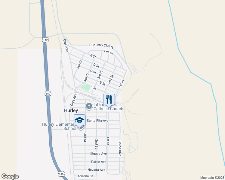 map of restaurants, bars, coffee shops, grocery stores, and more near 102 B Street in Hurley