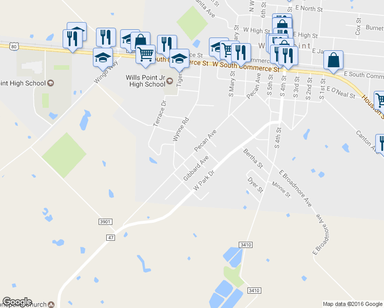 map of restaurants, bars, coffee shops, grocery stores, and more near 898 Pecan Avenue in Wills Point