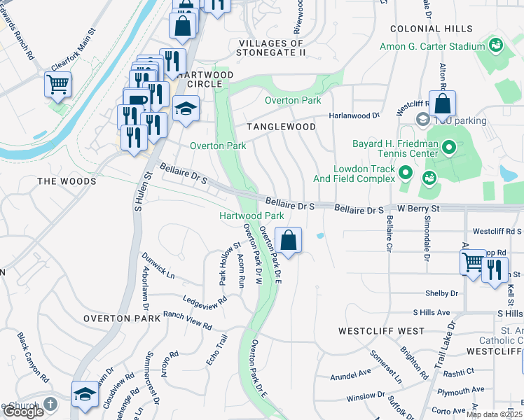 map of restaurants, bars, coffee shops, grocery stores, and more near 3309 Overton Park Drive East in Fort Worth