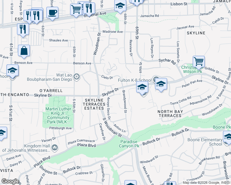 map of restaurants, bars, coffee shops, grocery stores, and more near 464 Arroyo Seco Drive in San Diego