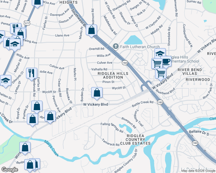 map of restaurants, bars, coffee shops, grocery stores, and more near 7008 Wycliff Street in Fort Worth