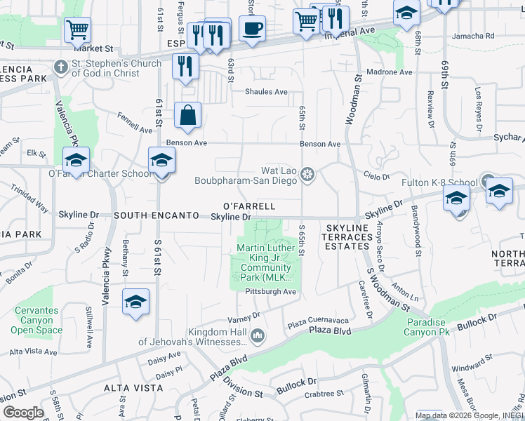 map of restaurants, bars, coffee shops, grocery stores, and more near 6420 Skyline Drive in San Diego