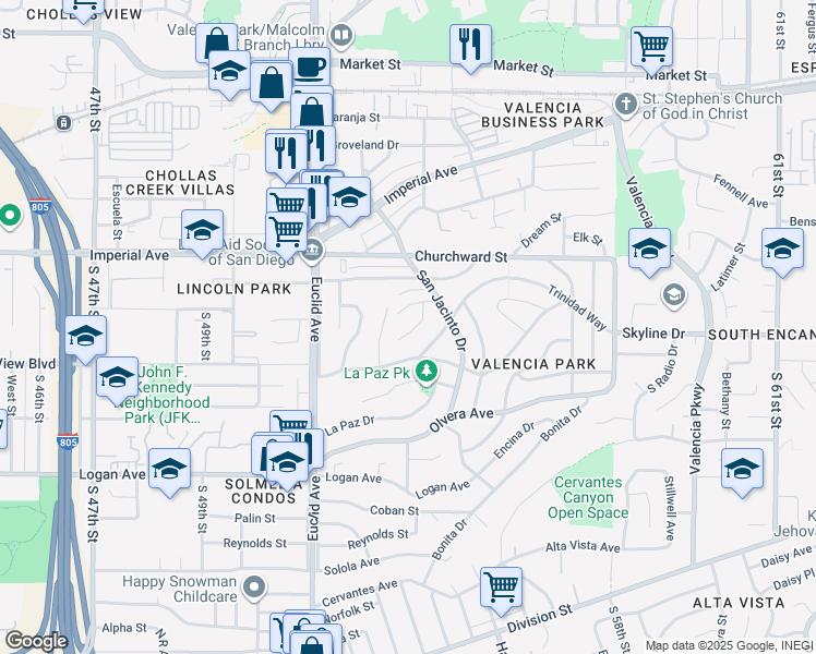 map of restaurants, bars, coffee shops, grocery stores, and more near 5269 Velma Terrace in San Diego