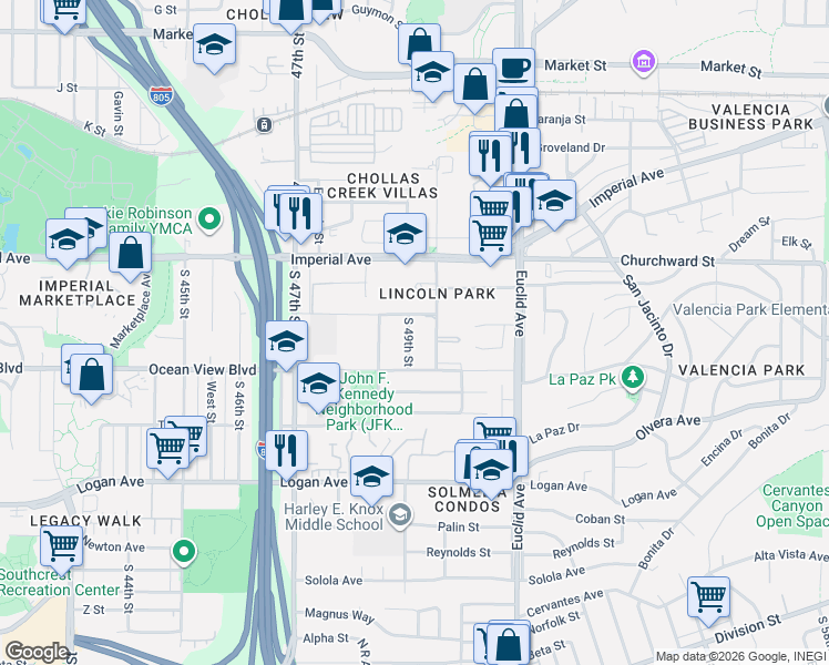 map of restaurants, bars, coffee shops, grocery stores, and more near 348 South Willie James Jones Avenue in San Diego