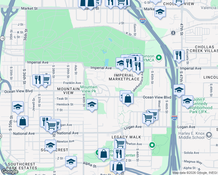 map of restaurants, bars, coffee shops, grocery stores, and more near 4172 Franklin Avenue in San Diego