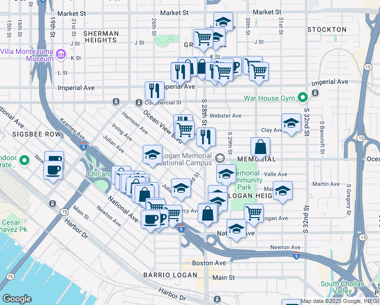 map of restaurants, bars, coffee shops, grocery stores, and more near 2237 Ocean View Boulevard in San Diego