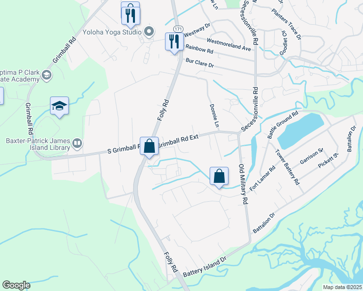 map of restaurants, bars, coffee shops, grocery stores, and more near 1565 Grimball Road Extension in Charleston