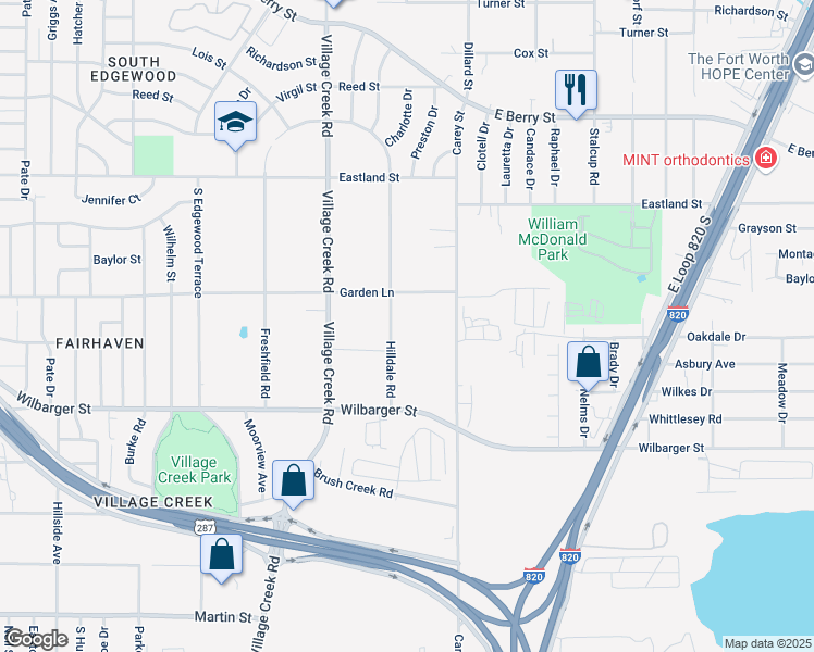 map of restaurants, bars, coffee shops, grocery stores, and more near 4229 Hilldale Road in Fort Worth