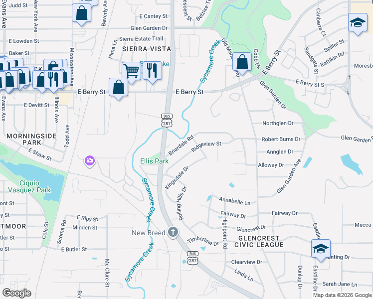 map of restaurants, bars, coffee shops, grocery stores, and more near 2120 Briardale Road in Fort Worth