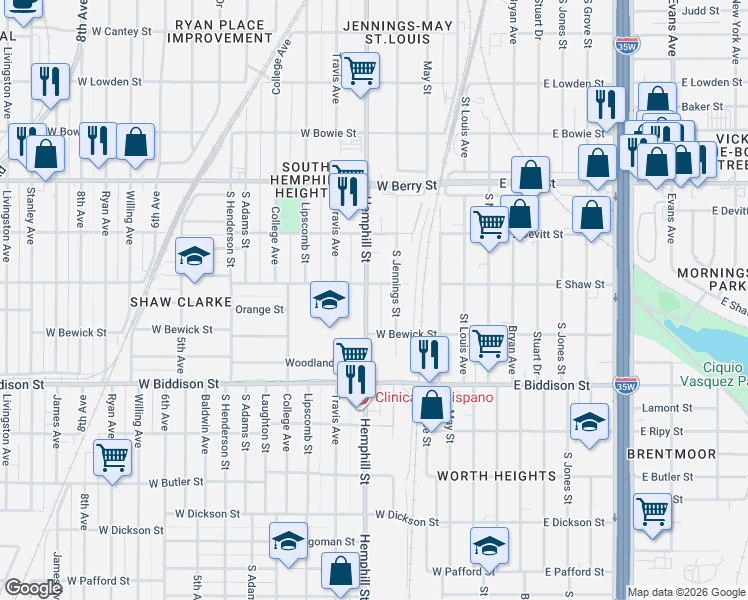 map of restaurants, bars, coffee shops, grocery stores, and more near in Fort Worth