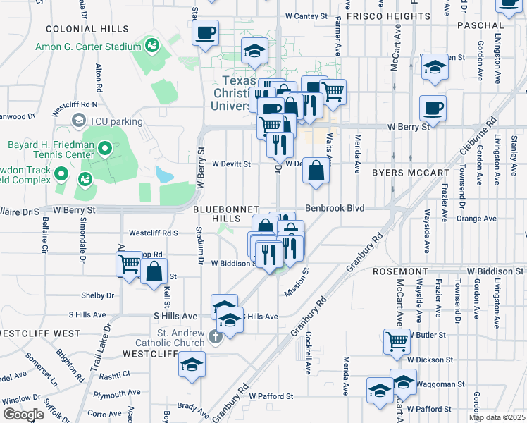 map of restaurants, bars, coffee shops, grocery stores, and more near 3304 Rogers Avenue in Fort Worth