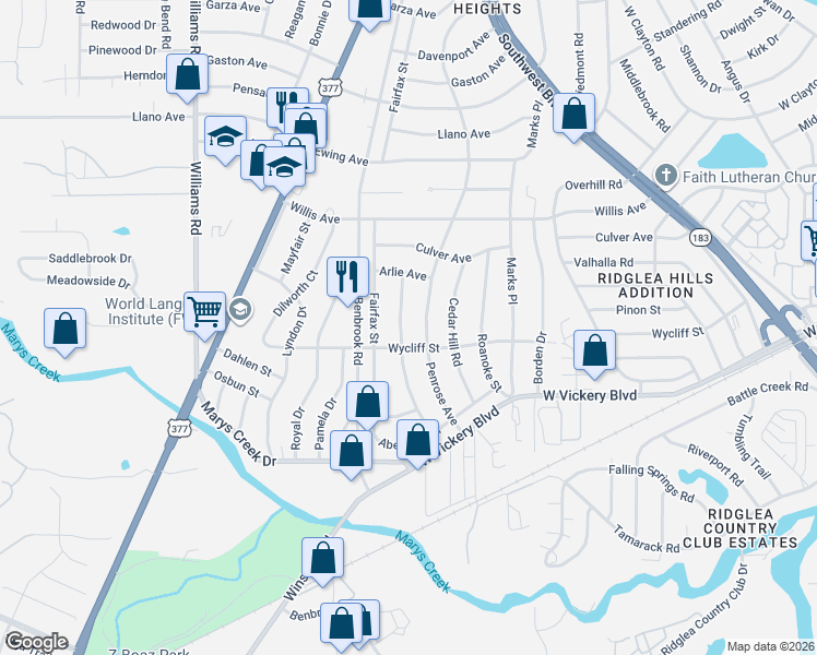 map of restaurants, bars, coffee shops, grocery stores, and more near 4945 Gilbert Drive in Fort Worth