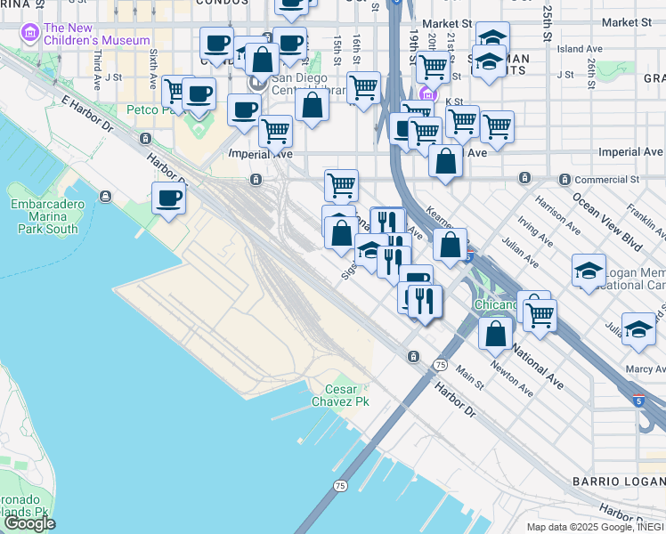 map of restaurants, bars, coffee shops, grocery stores, and more near 1695 Main Street in San Diego