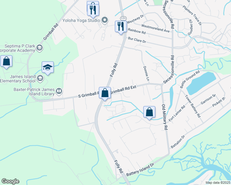 map of restaurants, bars, coffee shops, grocery stores, and more near 1592 Grimball Road Extension in Charleston