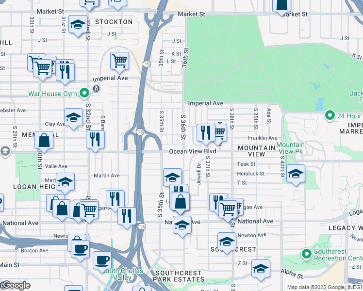 map of restaurants, bars, coffee shops, grocery stores, and more near 444 South 36th Street in San Diego
