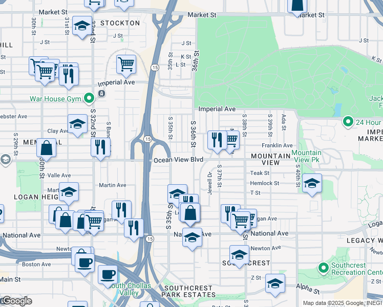map of restaurants, bars, coffee shops, grocery stores, and more near 444 South 36th Street in San Diego