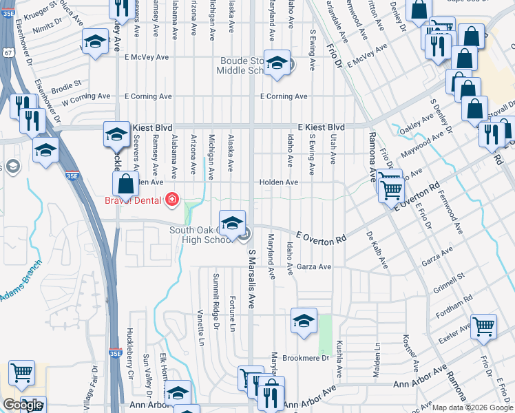 map of restaurants, bars, coffee shops, grocery stores, and more near 3508 South Marsalis Avenue in Dallas