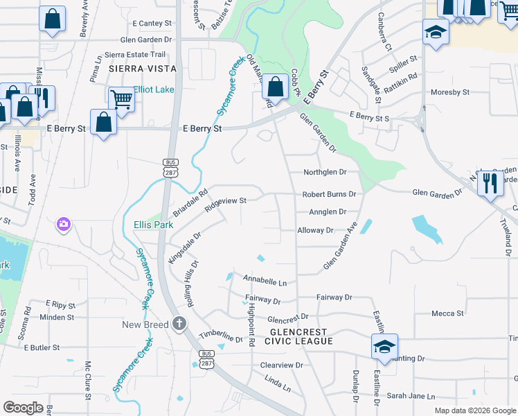 map of restaurants, bars, coffee shops, grocery stores, and more near 2301 Donnyville Court in Fort Worth