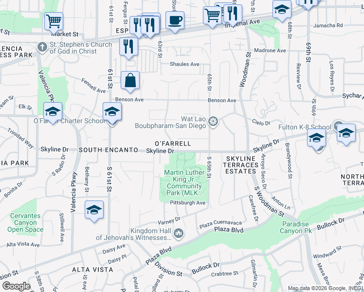 map of restaurants, bars, coffee shops, grocery stores, and more near 6420 Skyline Drive in San Diego
