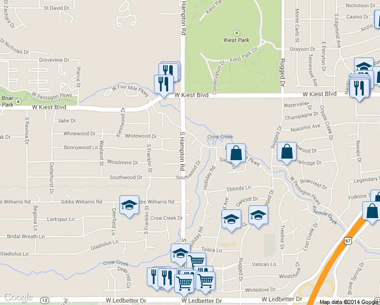 map of restaurants, bars, coffee shops, grocery stores, and more near 3430 South Hampton Road in Dallas