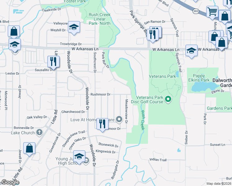 map of restaurants, bars, coffee shops, grocery stores, and more near 2600 Ridgemoor Court in Arlington