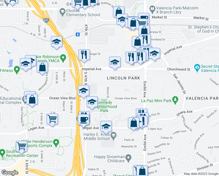 map of restaurants, bars, coffee shops, grocery stores, and more near 325 Gloria Street in San Diego