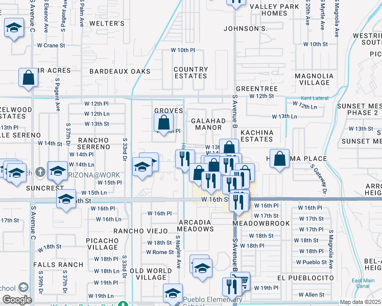 map of restaurants, bars, coffee shops, grocery stores, and more near 1401 South 28th Avenue in Yuma