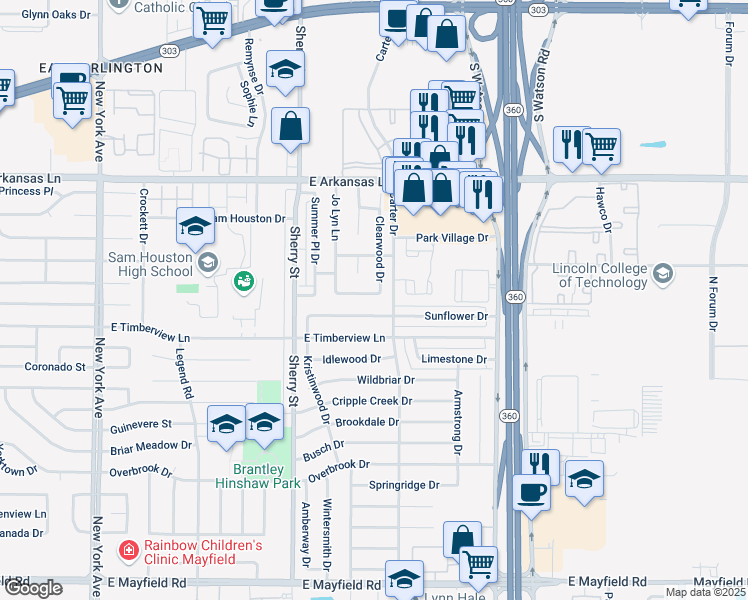 map of restaurants, bars, coffee shops, grocery stores, and more near 2339 Sunflower Drive in Arlington