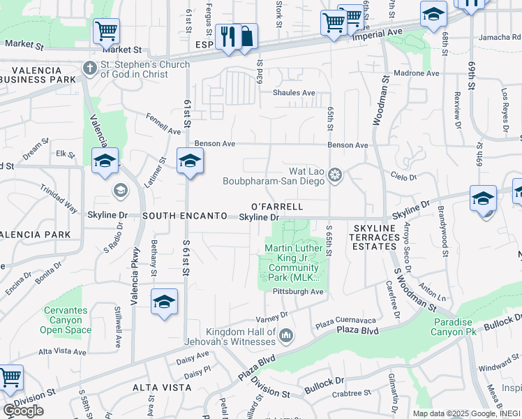 map of restaurants, bars, coffee shops, grocery stores, and more near 6316 Skyline Drive in San Diego