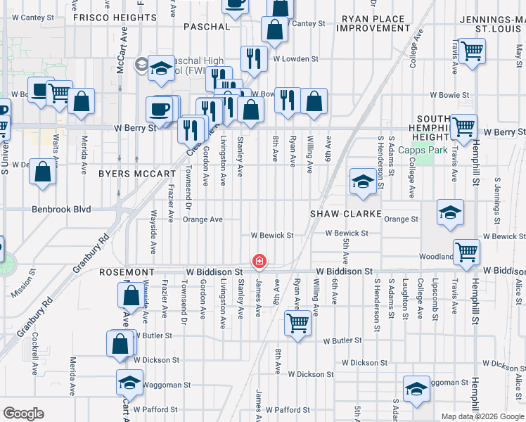 map of restaurants, bars, coffee shops, grocery stores, and more near 3322 8th Avenue in Fort Worth