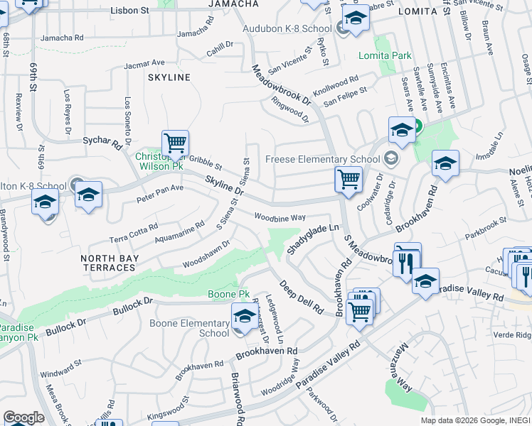 map of restaurants, bars, coffee shops, grocery stores, and more near 7602 Woodbine Way in San Diego