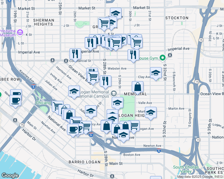 map of restaurants, bars, coffee shops, grocery stores, and more near 2845 Franklin Avenue in San Diego