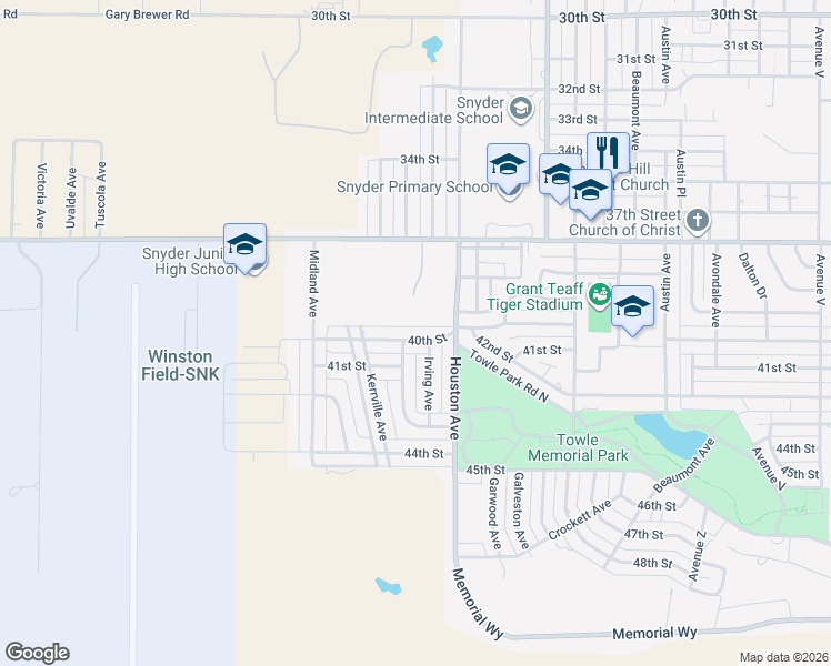 map of restaurants, bars, coffee shops, grocery stores, and more near 3500-3598 40th Street in Snyder