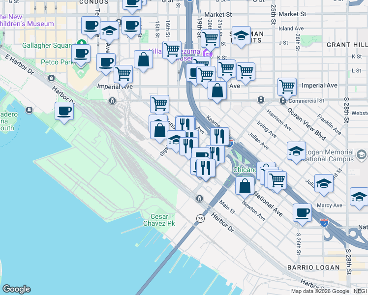 map of restaurants, bars, coffee shops, grocery stores, and more near 1111 Beardsley Street in San Diego
