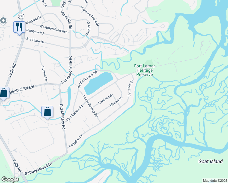 map of restaurants, bars, coffee shops, grocery stores, and more near 1300 Garrison Street in Charleston