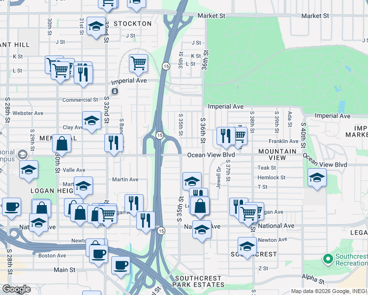 map of restaurants, bars, coffee shops, grocery stores, and more near 3504 Ocean View Boulevard in San Diego