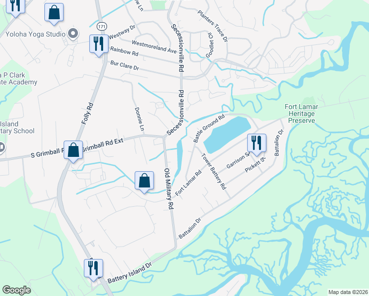 map of restaurants, bars, coffee shops, grocery stores, and more near 1666 Old Military Road in Charleston