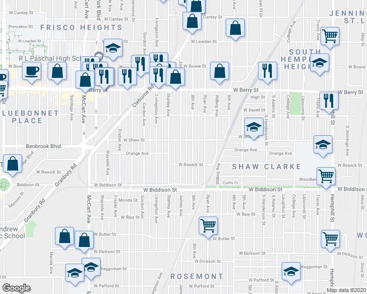 map of restaurants, bars, coffee shops, grocery stores, and more near 3322 8th Avenue in Fort Worth